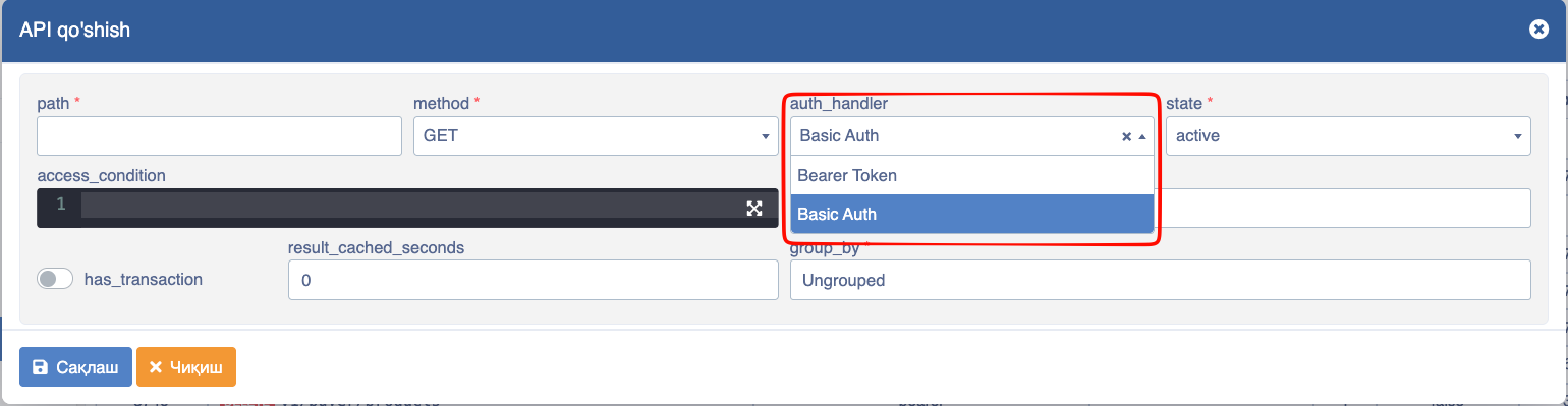 API autentifikatsiya parametrlari