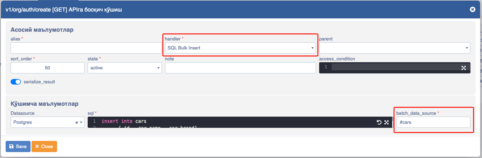 API Bulk Insert example