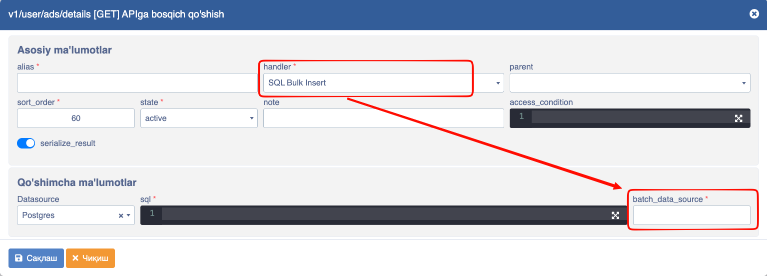API SQL bulk insert handler