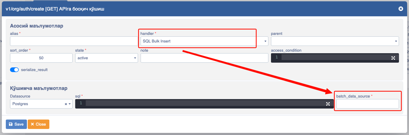 API SQL bulk insert handler