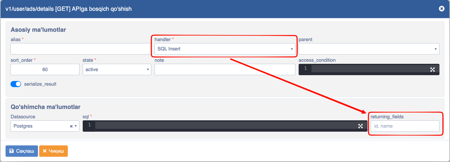 API SQL insert handler