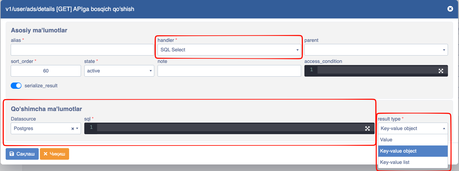 API SQL select handler