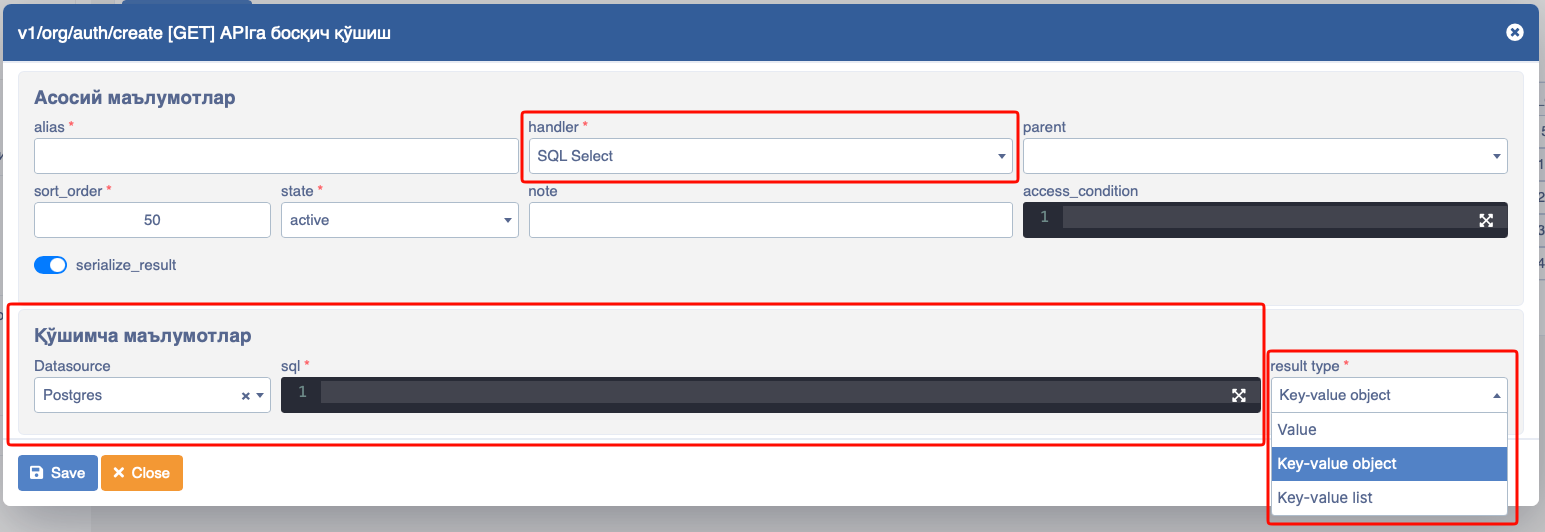 API SQL select handler