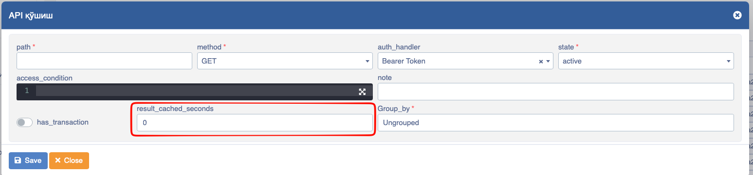 API result cached seconds field