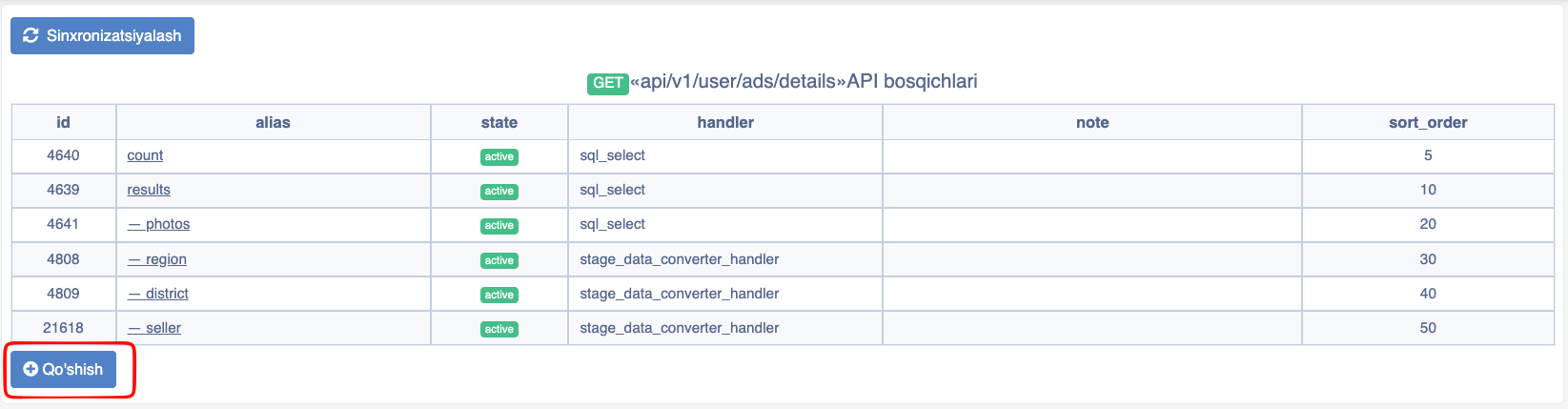 Tanlangan API uchun stage qo'shish tugmasi