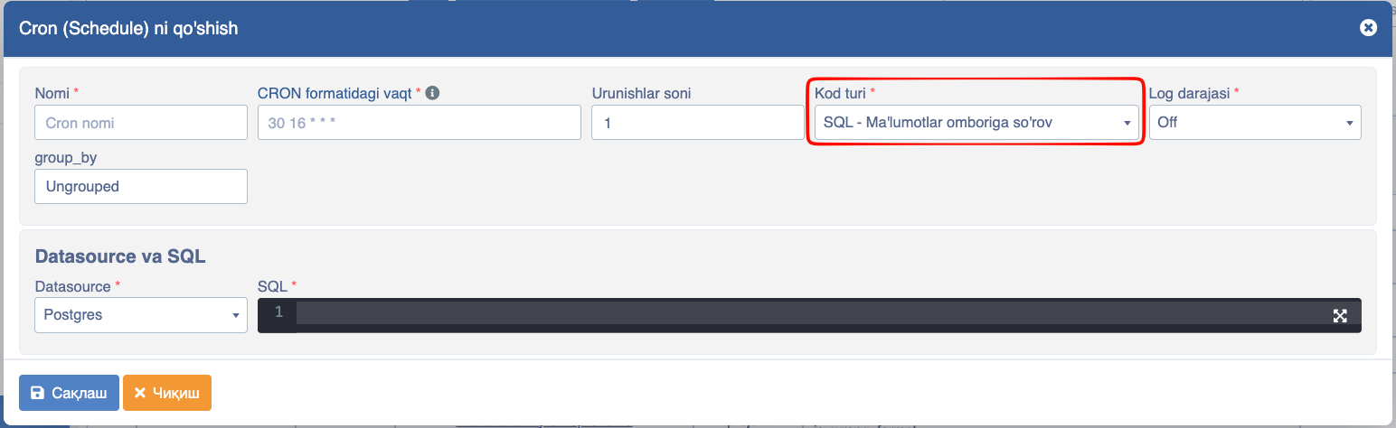 Cron yangi cron qo'shish kode turi SQL 2