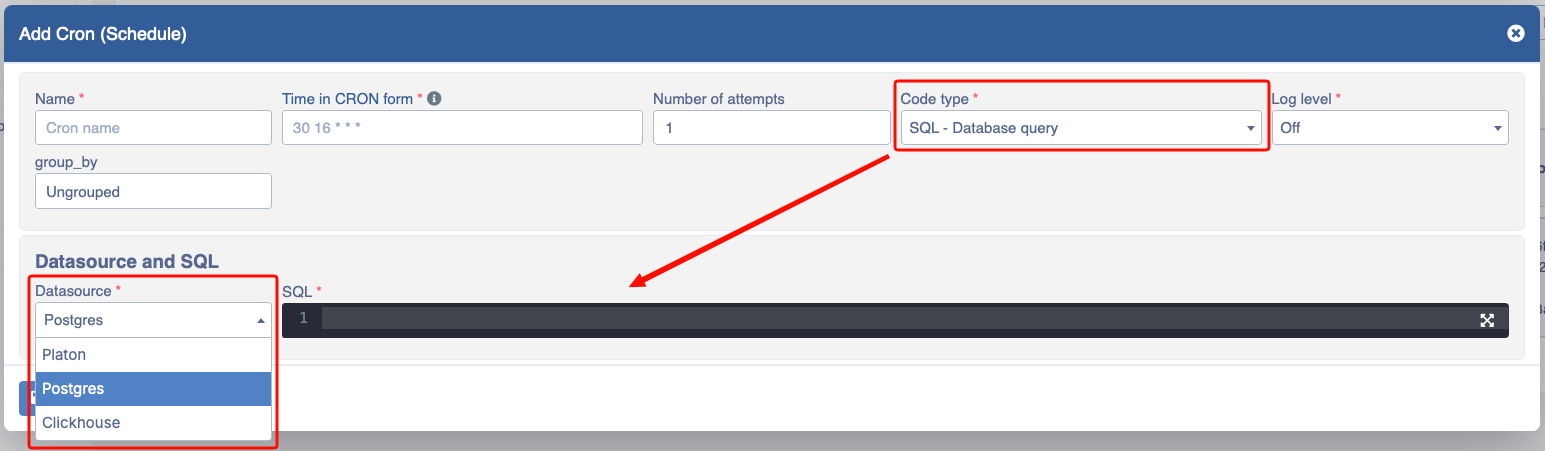 Cron add new cron modal code type SQL 1