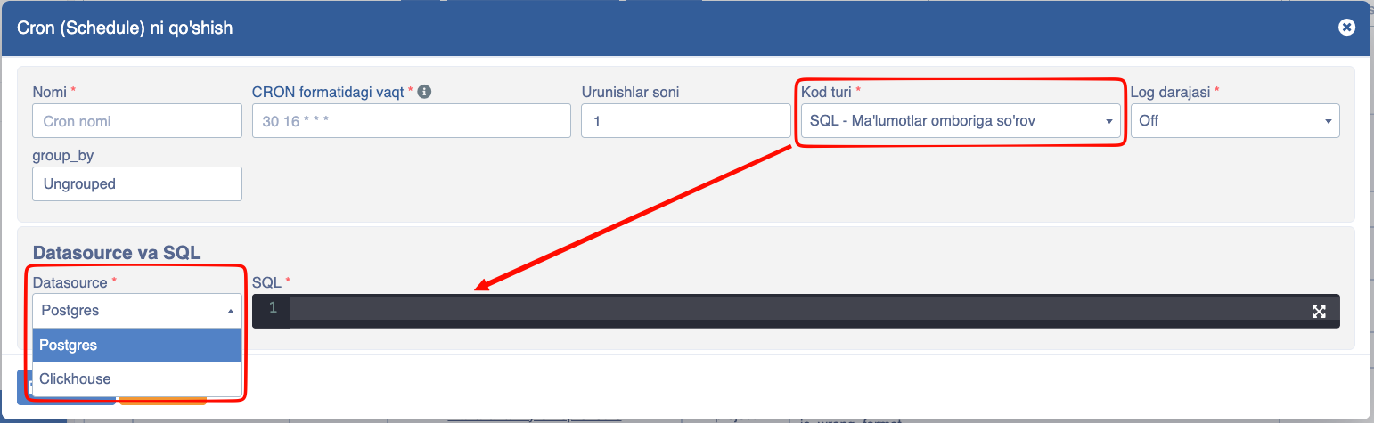 Cron yangi cron qo'shish modal kod turi SQL 1