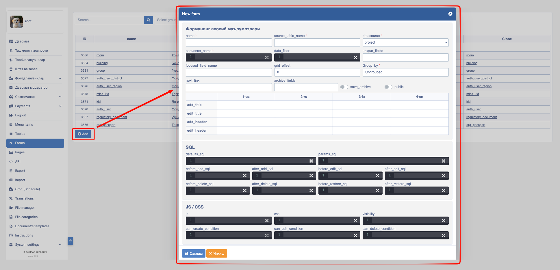 Add new Form modal