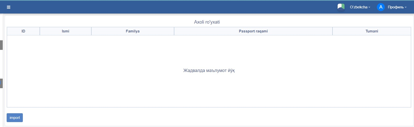 Import jadval va tugma yaratish