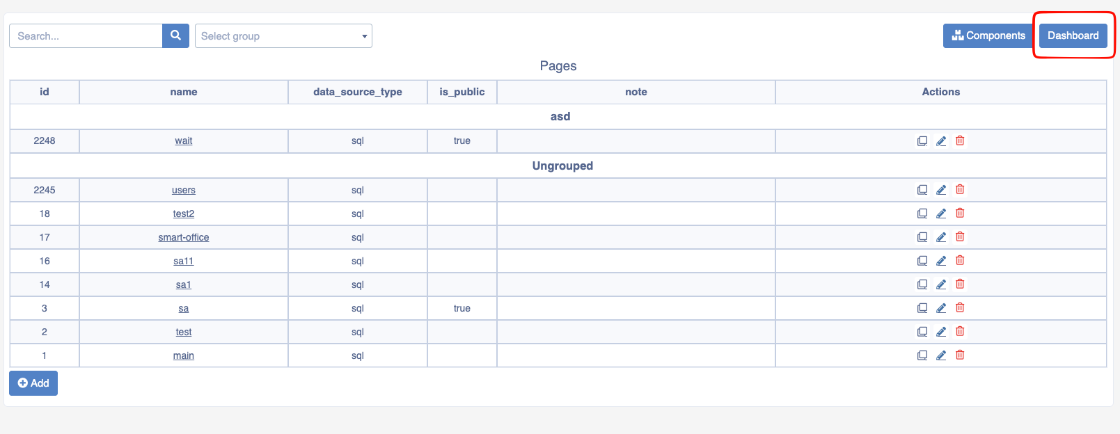 Page dashboard button