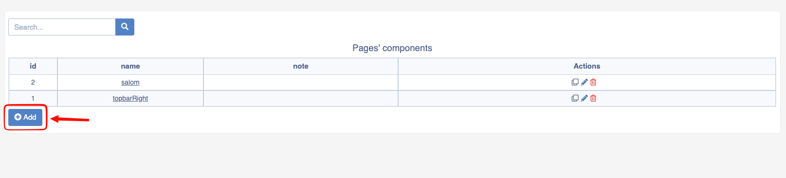 Page components list