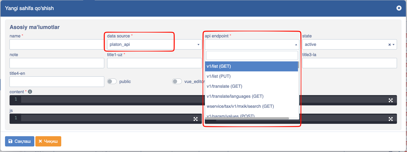 Yangi sahifa Platon API datasource