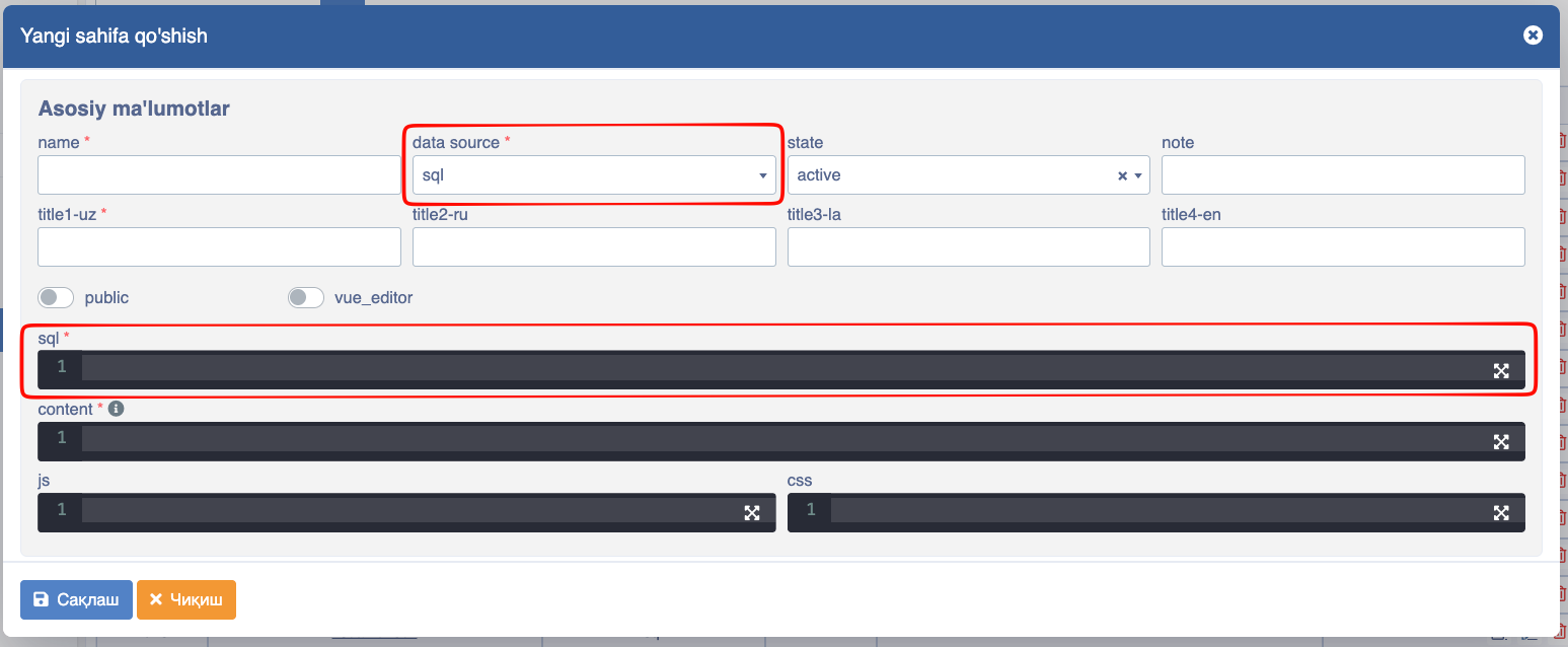 Yangi sahifa SQL datasource