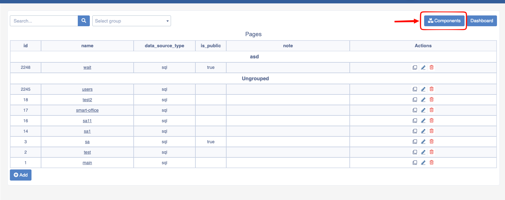 Page components button