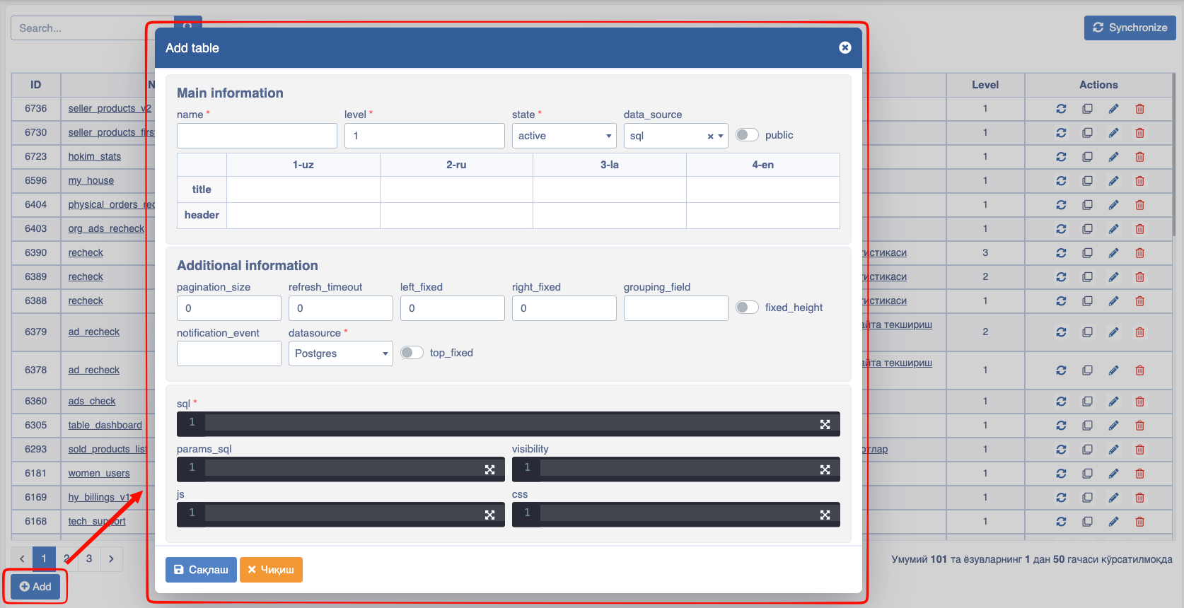 Add New Table Modal