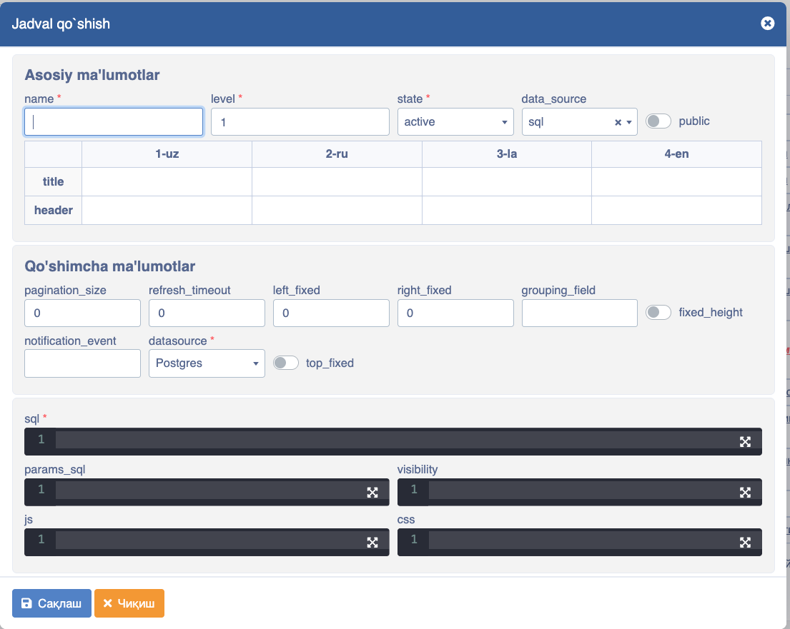 Add New Table Modal