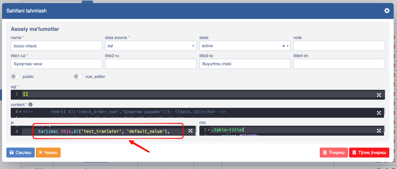 Tarjima sahifa js maydonida ishlatilishi