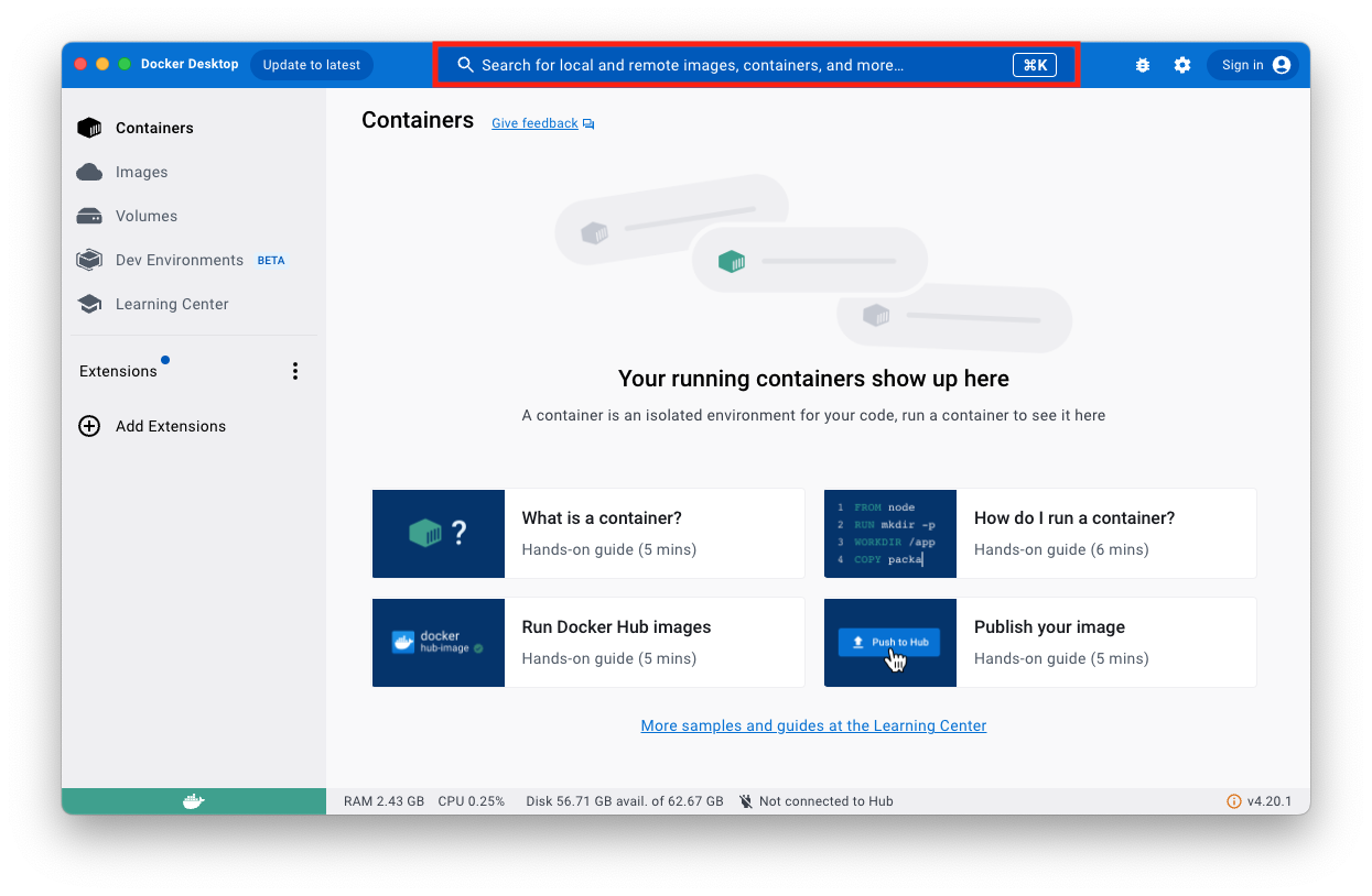 Docker asosiy oynasidan qidirish